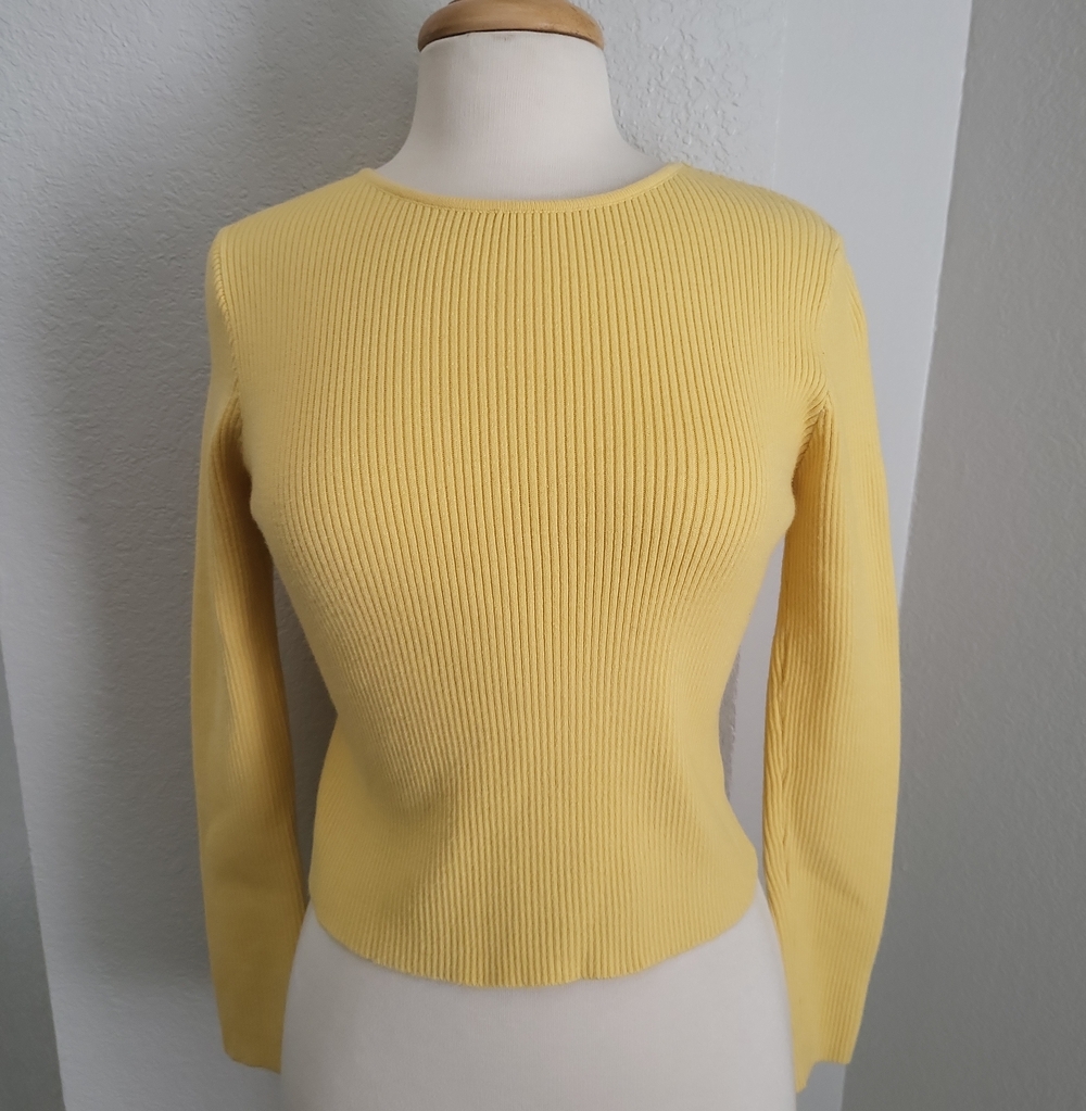 Gianni Bini Yellow Cropped Ribbed Crewneck Sweater SZ S